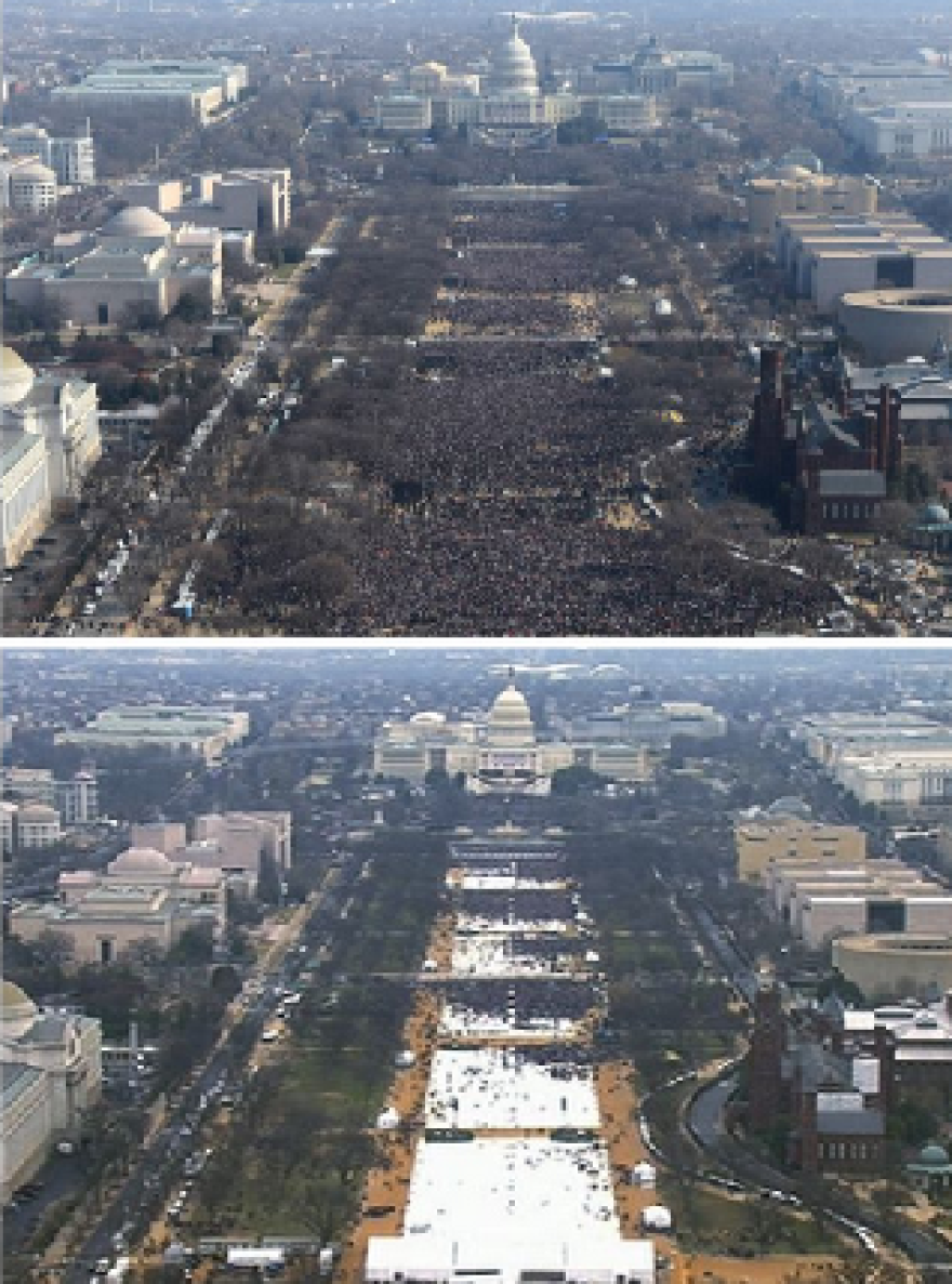 A UMass survey found 14 percent of Trump supporters say more people are in the bottom photo. Why? 