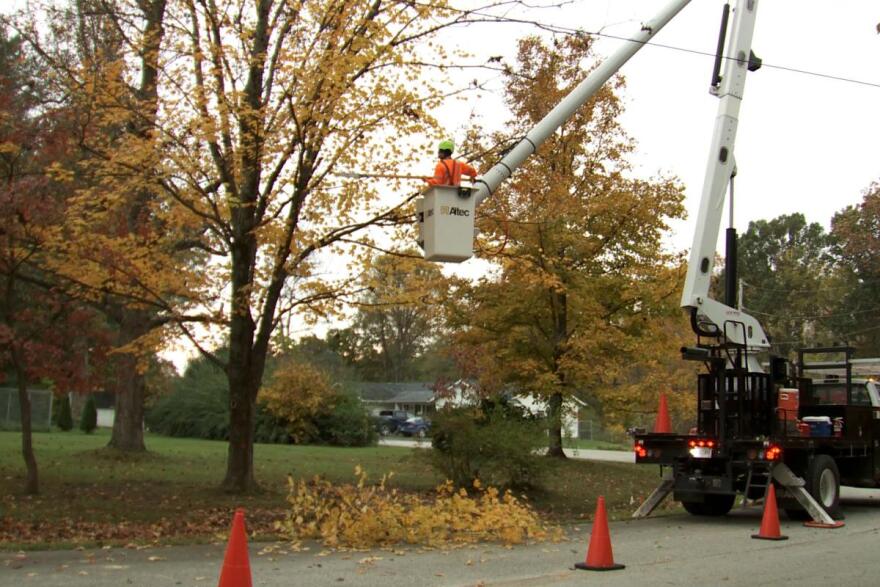 A person sits in the bucket of a cherry picker lift to do maintenance trimming on trees. The crane is attached to the end of a truck and power lines are barely visible in the foreground against the colorful autumnal trees.