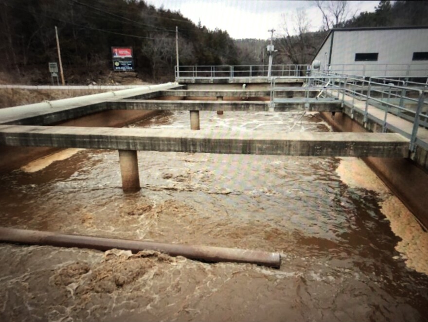 An image of Eureka Springs WWTF treatment basin, taken in 2020 by an ADEQ Circuit Rider Compliance inspector.