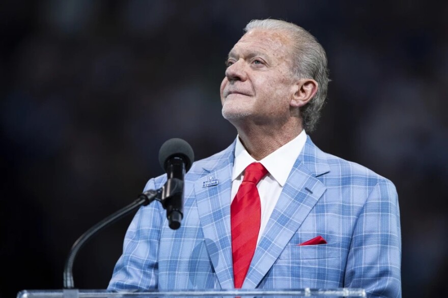 Indianapolis Colts owner Jim Irsay talks during the Hall of Fame ring ceremony for Peyton Manning and Edgerrin James during an NFL football game, Sept. 19, 2021, in Indianapolis.