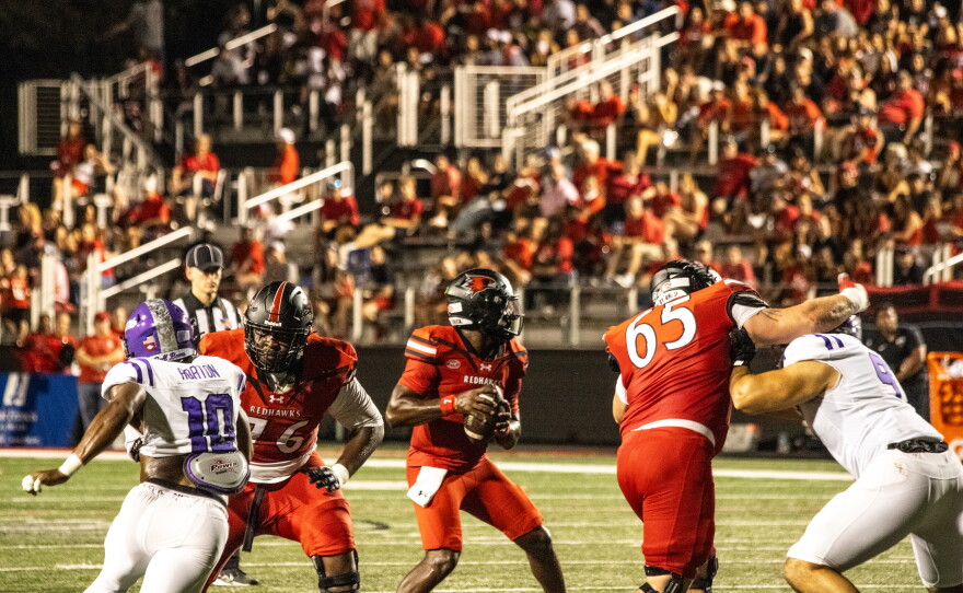 Senior quarterback Braylen Ragland drops back looking down field for a pass play against Central Arkansas, Saturday, Sept. 19, 2026.