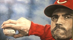 Chris Felix's painting of Joey Votto greets visitors to the Fitton Center gallery.
