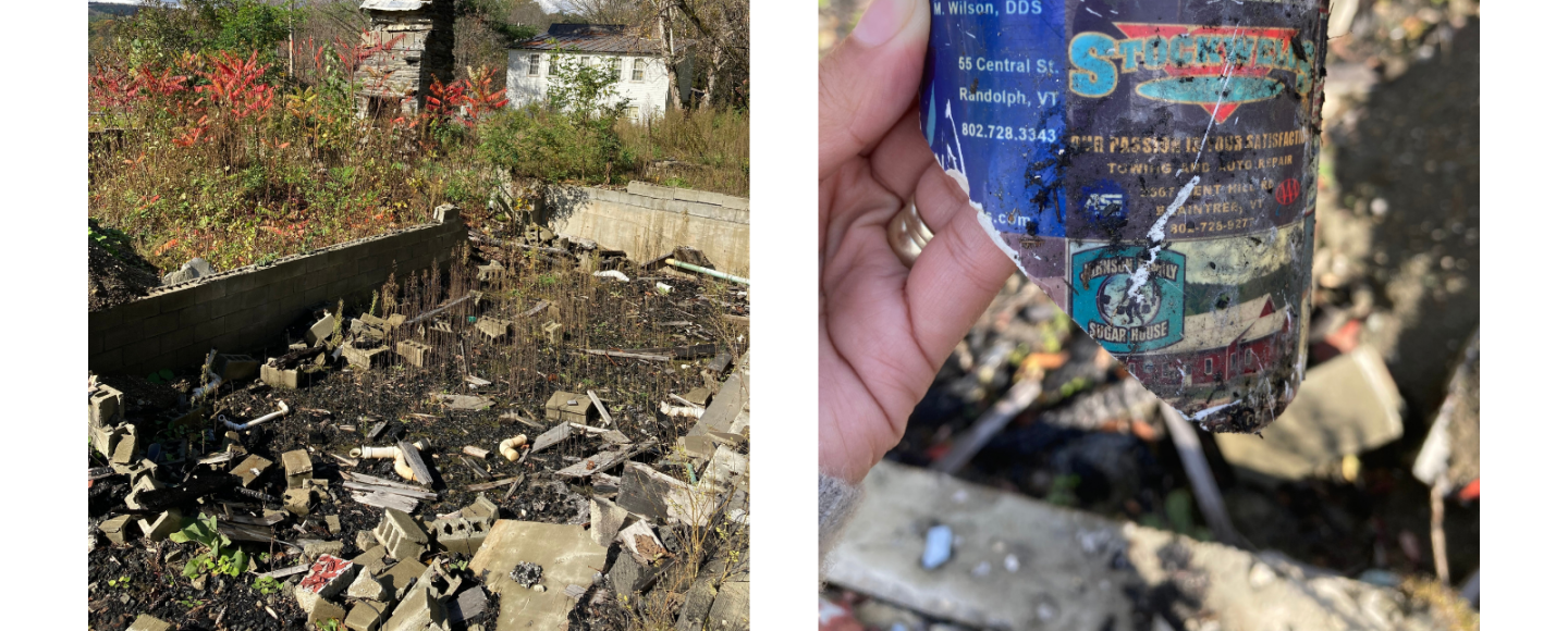 Two photos side-by-side: some debris scattered around an old, overgrown building foundation on the left, and the remains of a maple syrup holder depicting the words "Eaton's Sugar House" on the right.