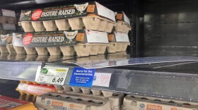 Cartons of 18-count Eggland’s Best eggs were out of stock on the shelves of a Kroger in Bloomington, taken Feb. 24, 2025.