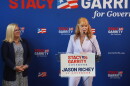 Stacy Garrity (right, at podium) spoke Aug. 27, 2026 at Family Pizza & Pub, a small restaurant in Altoona. Several other Republican state lawmakers spoke at the event as well, including Sen. Judy Ward, standing to the left. 