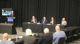 University of Kentucky President Eli Capilouto leads a panel with University of Louisville President Gerry Bradley, businessman Joe Craft, Louisville Mayor Craig Greenberg and One Louisville Chief Executive Trevor Pawl on September 18, 2026. The panel discussed the future of workforce development in the Commonwealth.