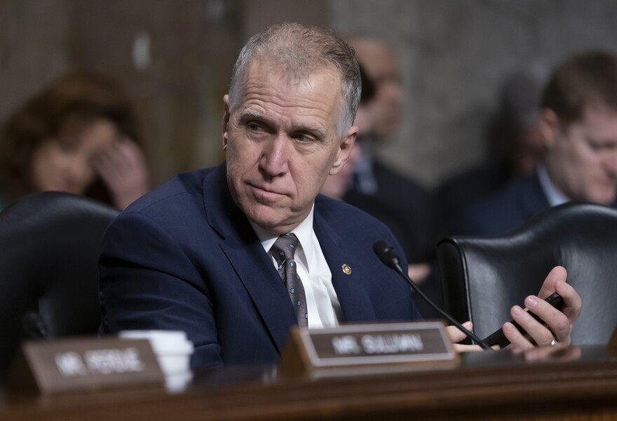 Sen.Thom Tillis, R-N.C., attends a Senate Armed Services hearing on Capitol Hill in Washington, Thursday, March 14, 2019. Tillis has said he will vote to block President Donald Trump's border emergency as some GOP senators plan to join Democrats in a rebuke of Trump's declaration of a national emergency at the Mexican border.