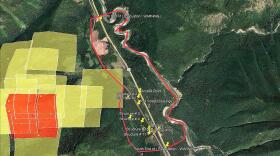 A map showing the area under an evacuation warning near Essex for the Paola Ridge Fire