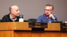 Lansing City Councilmember Peter Spadafore, right, and Lansing Mayor Andy Schor, left, at a City Council meeting on March, 24, 2025.
