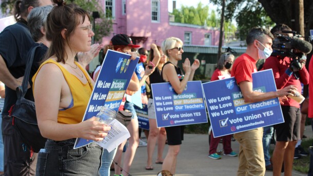 Bricolage Academy educators and supporters rally at Pagoda Café on N Dorgenois St. before Friday's union vote. May 28, 2021.