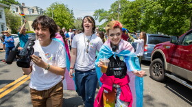 Guilford, CT - Cameron Celotto, 16, (left) marches with his friends, (L to R) Koda Patton, 15, and Lyric Albo, 16, in the Town of Guilford's first ever Pride Festival and Parade. The festival was organized by Cameron's mom, Sarah Cellotto. The festival included show tunes performed by cabaret performer Schuyler Beeman as well as food trucks, speakers and other entertainment.