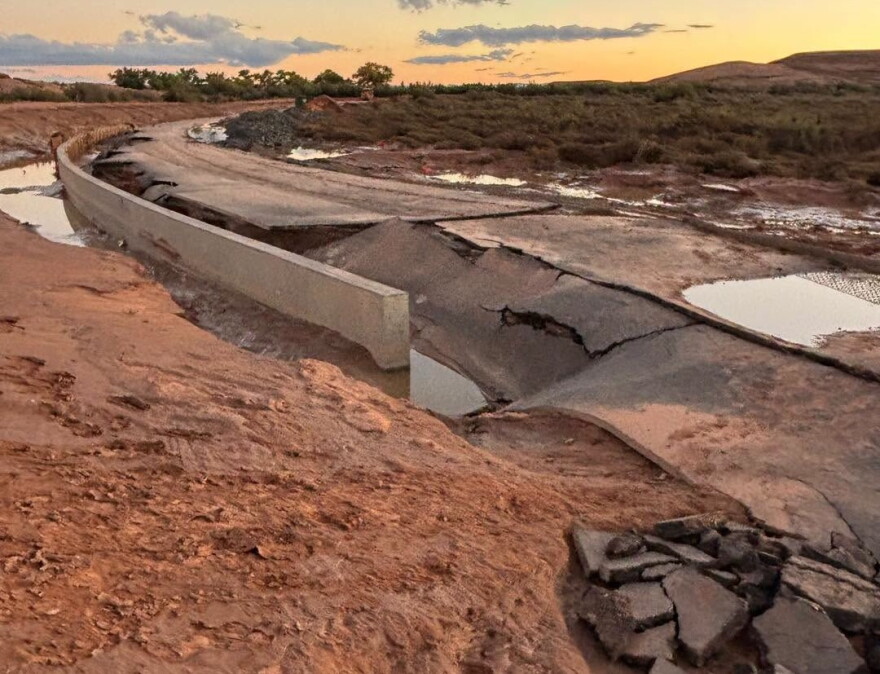 A road was washed out in the Navajo Nation community of Dennehotso following historic flooding during the week of Oct 19, 2026.