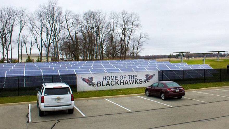 A group of solar panels at Sheridan Elementary School. Sheridan Community Schools, in Hamilton County, is now one of Indiana's first completely solar powered school districts.