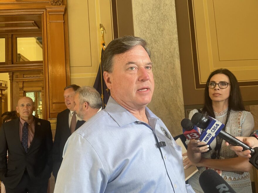 Attorney General Todd Rokita answers reporter questions about a ceremonially signed immigration bill on Tuesday, June 2, 2026 at the Indiana Statehouse.