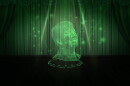 futuristic illustration of Jennifer Higdon being projected on a dark stage in neon green light