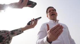 United States Secretary of State Marco Rubio speaks to the journalists before boarding his plane at Indira Gandhi International Airport in New Delhi, India, Monday, May 25, 2026. (Julia Demaree Nikhinson/AP)