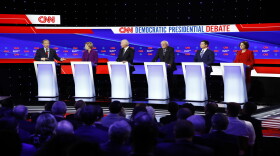 From left, Democratic presidential candidates businessman Tom Steyer, Sen. Elizabeth Warren, former Vice President Joe Biden, Sen. Bernie Sanders, former South Bend Mayor Pete Buttigieg, and Sen. Amy Klobuchar during a January primary debate in Iowa.