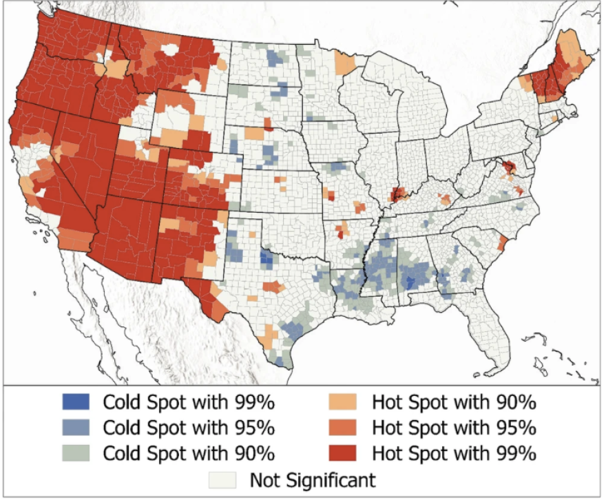 This map from the University of Utah study shows the places (in dark red) where researchers are 99% confident there’s a UFO sighting hot spot.