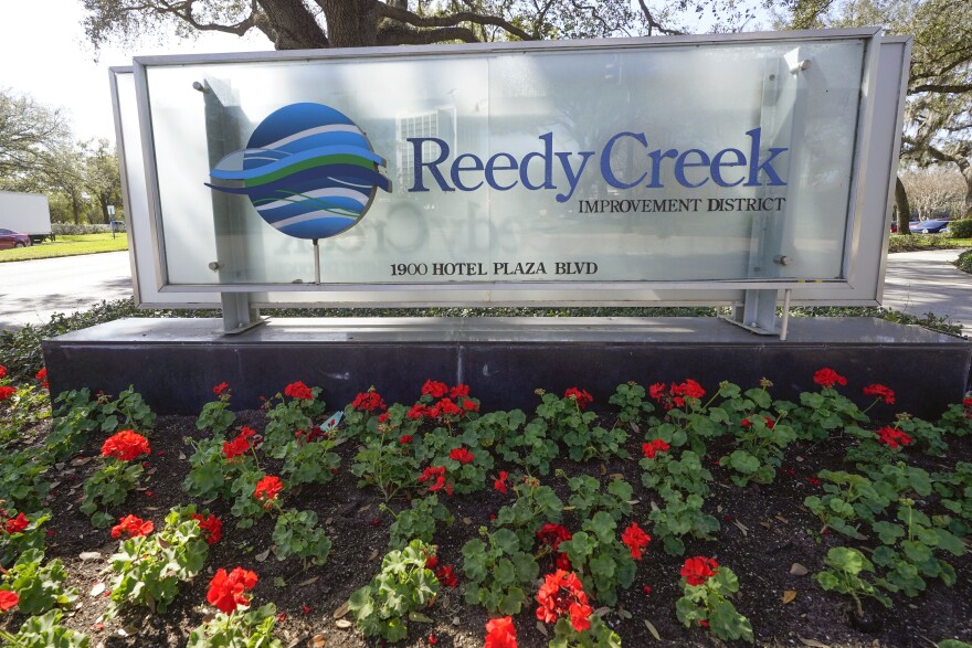 A sign near the entrance of the Reedy Creek Improvement District administration building is seen Monday, Feb. 6, 2023, in Lake Buena Vista, Fla.