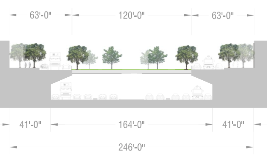 A cross-section of I-35 under the DAA/ULI plan showing a cap on top.