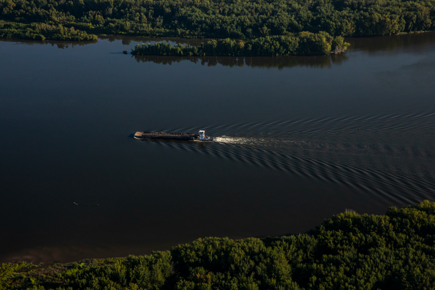 A barge on the Mississippi River near the Quad Cities of Iowa and Illinois on Sept. 18, 2023.