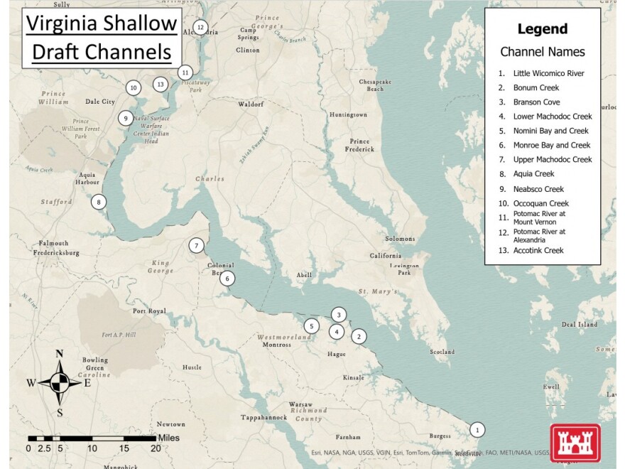 A map of shallow draft channels along parts of the Northern Neck.