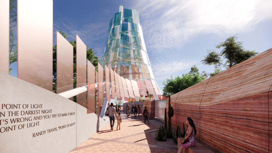 Rendering of the central tower of the Forever One Memorial