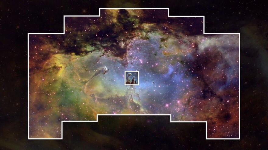 This image of the Eagle Nebula showcases the superb resolution and wide field of view of NASA’s upcoming Nancy Grace Roman Space Telescope. It begins with a Hubble image of the famous Pillars of Creation superimposed on a ground-based image. The view then zooms out to show the full field of view of Roman’s Wide Field Instrument. Roman’s images will have the resolution of Hubble while covering an area about 100 times larger in a single pointing. L. Hustak (STScI)
