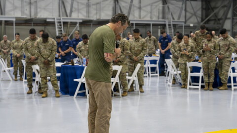 Defense Secretary Pete Hegseth prays with service members in Panama City, Panama Aug. 12, 2026 during PANAMAX 2026, a multinational field training exercise.