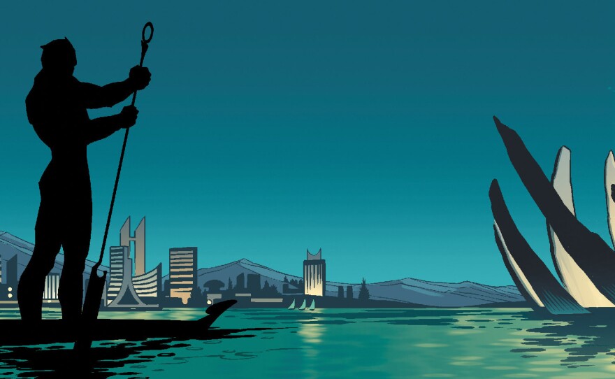 The Black Panther enjoys an outing on the water in this illustration from his comic book.