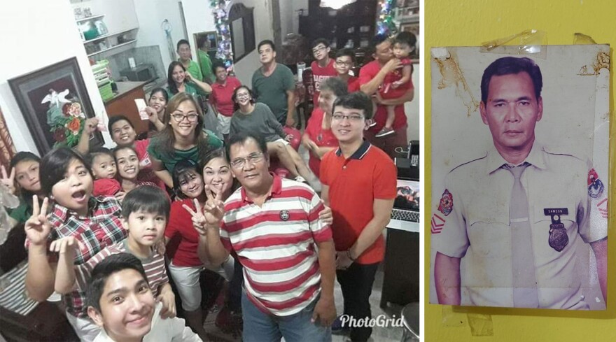 Left: Nardo Samson celebrates a birthday with his family, Oct. 2017; Right: Nardo Samson in his police uniform c. 90s