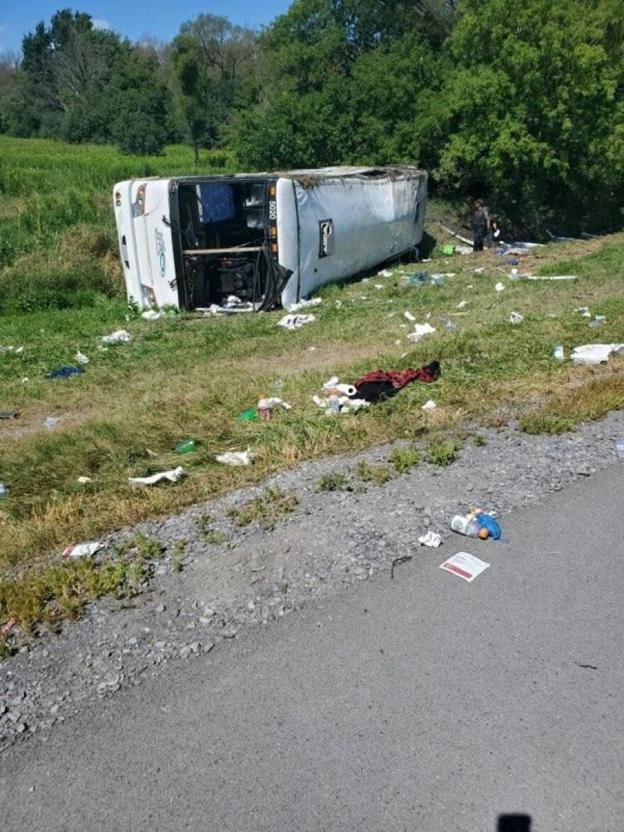 NYS Police released this photo of a tour bus that crashed on the NYS Thruway Saturday near Weedsport