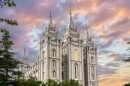 The Church of Jesus Christ of Latter-day Saints Salt Lake Temple at sunset.