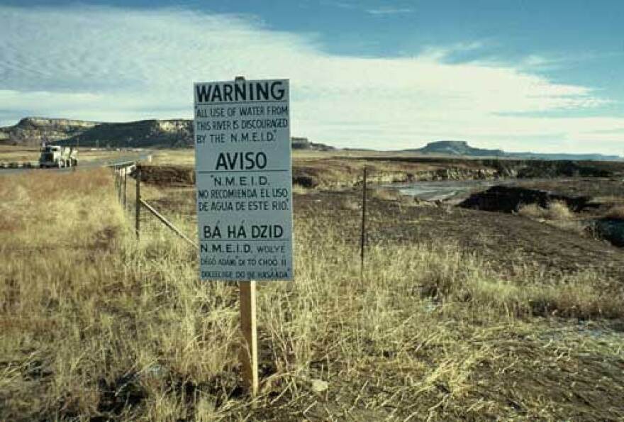 A warning sign placed by the Puerco river by the New Mexico Environmental Improvement Division after the Church Rock uranium mill spill on July 16, 1979.
