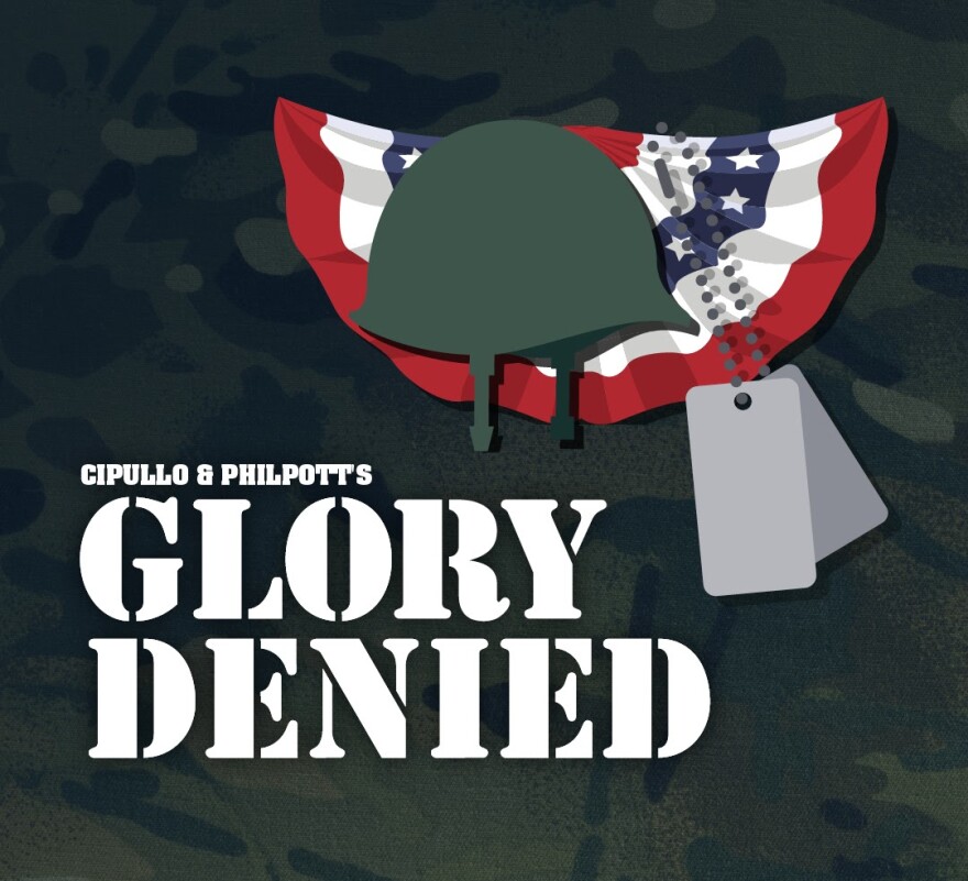 Promo image for Glory Denied, featuring the title in stencil font below a helmet, dog tags, and patriotic bunting