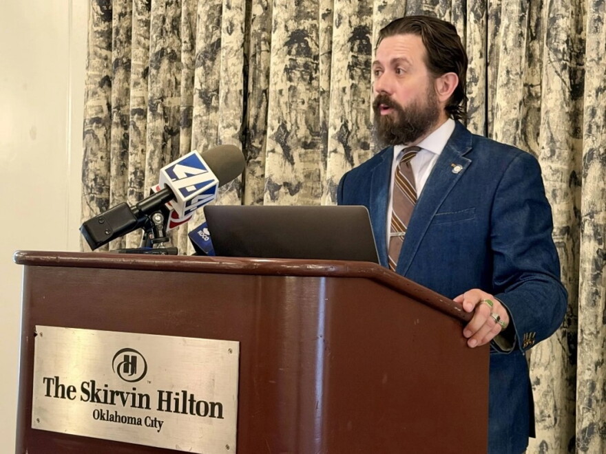 Oklahoma Rep. Jared Deck, D-Norman, speaks about candidate loans at a press conference at the Skirvin Hotel in Oklahoma City on Thursday, Oct. 15, 2026. Deck wants banking regulators and campaign finance watchdogs to scrutinize loans to GOP gubernatorial candidate Mike Mazzei.