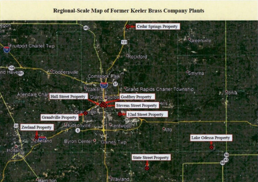  A map of former Keeler Brass Company sites included in the lawsuit against FKI Hardware, filed by the Michigan Attorney General's office.