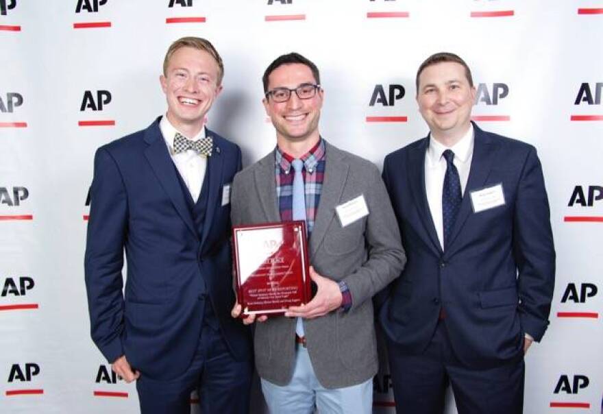 Left to right: WFYI News' Deron Molen, Ryan Delaney and Doug Jaggers won first place in spot news coverage in the 2015 Indiana AP Broadcasters awards