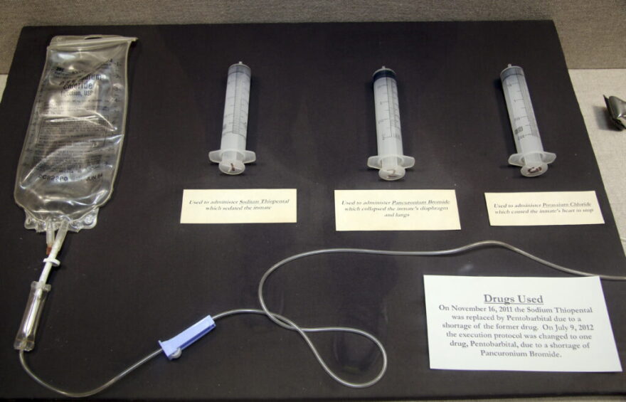 In this April 5, 2017 photo, an exhibit at the Texas Prison Museum shows the three-chemical mixture used by Texas prison officials for lethal injections in the state from 1982 until 2012, when it was replaced by a single drug. Tennessee was using a three-drug protocol when an independent investigation found the state was mishandling its lethal injection program. Like Texas, Tennessee is pivoting to a single-drug process.