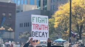 A protestor expresses his views at No Kings: Vote Early on Saturday, October 17, 2026.