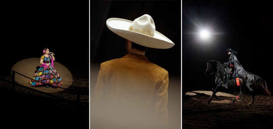 Singer Lluvia Vega (from left), Nicolas Diaz backstage and Diaz performing as El Zorro during the Mexican Rodeo Extravaganza.