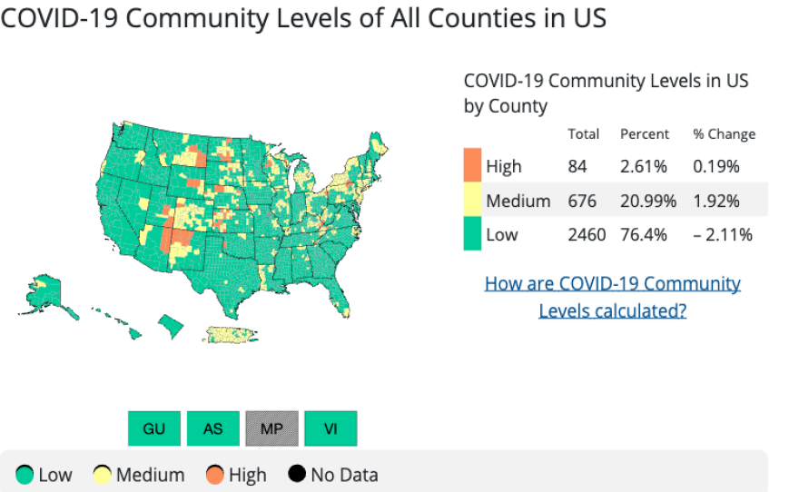 The COVID Community Levels Map for the United States showing New Mexico and the four corners as a hot spot reflecting reported data on 11/10/22 from 11/2-11/9/22. This map is reflective of the previous week.