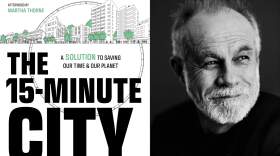 The cover of "The 15-Minute City: A Solution to Saving Our Time and Our Planet" beside author Carlos Moreno. (Courtesy)