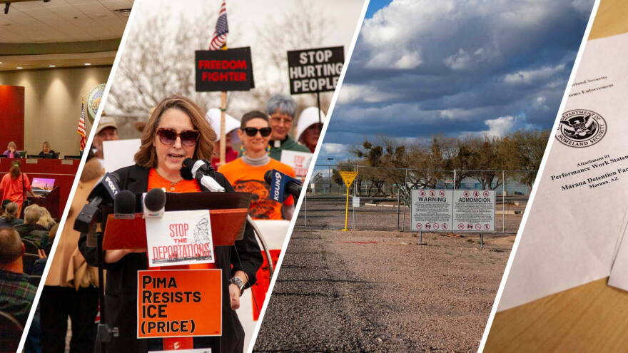 Left: Kristin Downing, a Marana resident, speaks on behalf of Pima Resists ICE, a group that formed last year, in opposition to the planned detention center. Right: The site of a shuttered prison in Marana, recently purchased by Management & Training Corporation. Federal records have indicated that ICE plans to build a detention center on the site.
