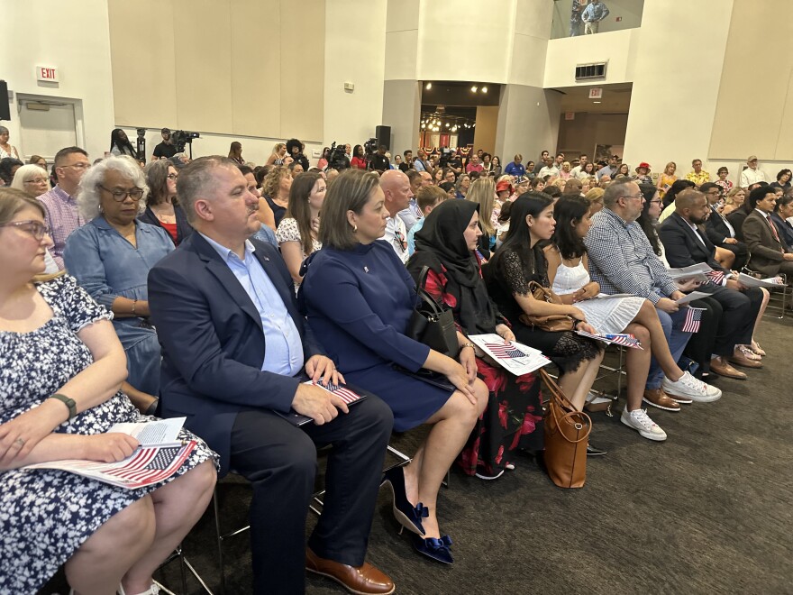 Newly inducted U.S. citizens at the Charlotte Museum of History on the Fourth of July.