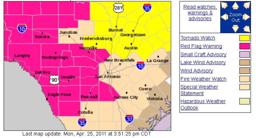 Tornado watch areas as of 4 pm are in yellow. Pink zones represent fire weather warnings.