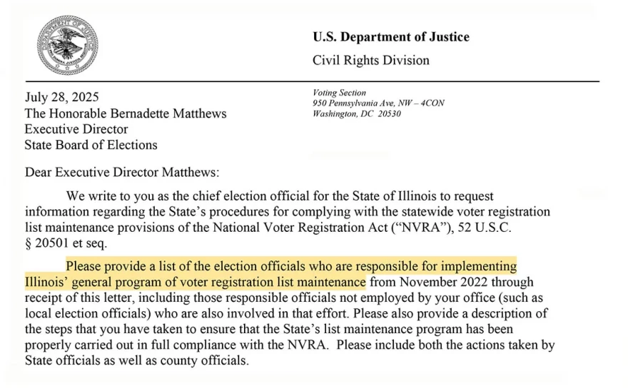 A snippet of the U.S. Department of Justice’s letter to the Illinois State Board of Elections.
