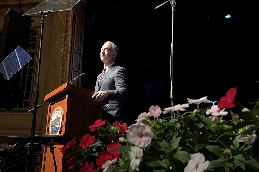 New Bedford Mayor Jon Mitchell gives his State of the City address at the newly renovated Zeiterion theater, April 8, 2026.