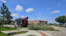 Crews clean up debris and trees on Minnesota Avenue in the aftermath of the straight-line wind storm in Bemidji on June 21, 2025.