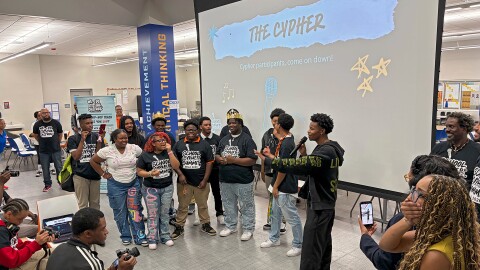 Rising hip-hop star La Reezy prepares students for a cypher at the School Cypher Summit at New Orleans Charter Science and Mathematics High School on May 1, 2026.